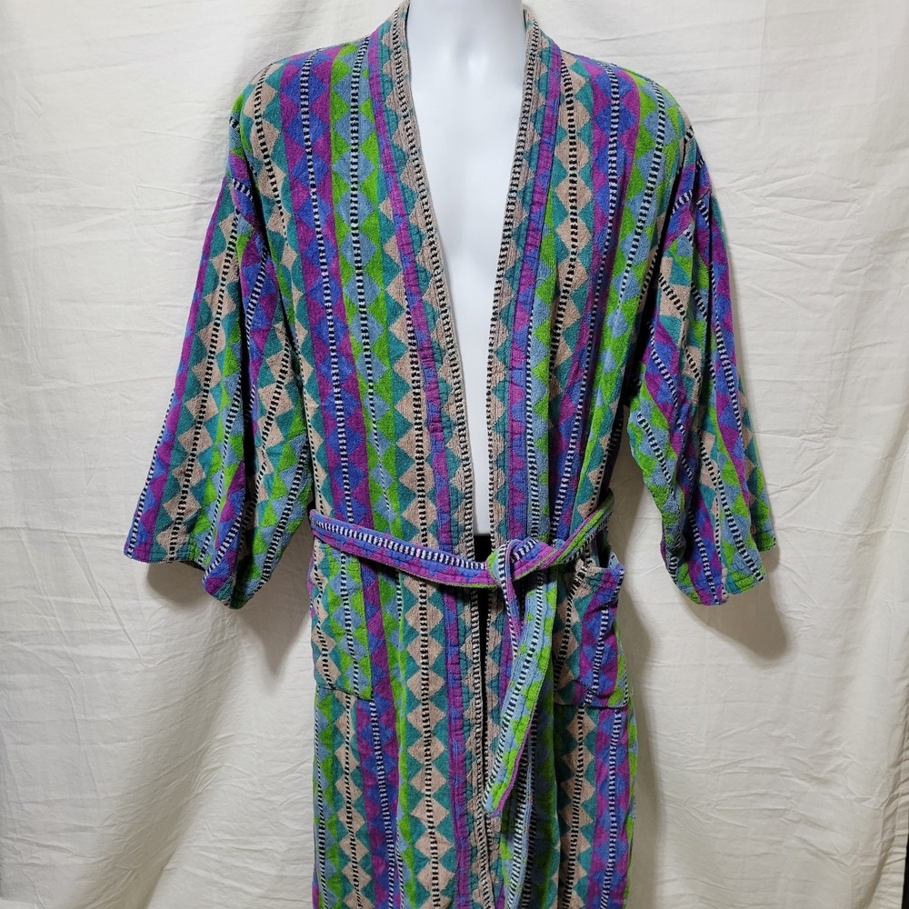 Vtg Missoni Bathrobe Unisex XL Multicolor Stripe Heavy Cotton Knit Purple Green